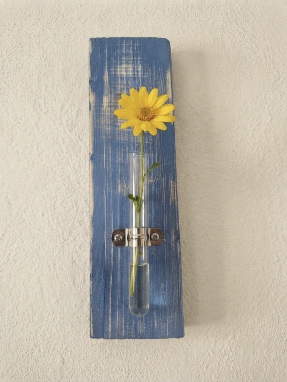 Handcrafted Blue Wall Test Tube Vase with Yellow Flower Accent